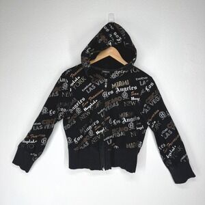 Bebe Womens Y2K All Over Graphic City Print Zip Crop Hoodie Sweatshirt Large